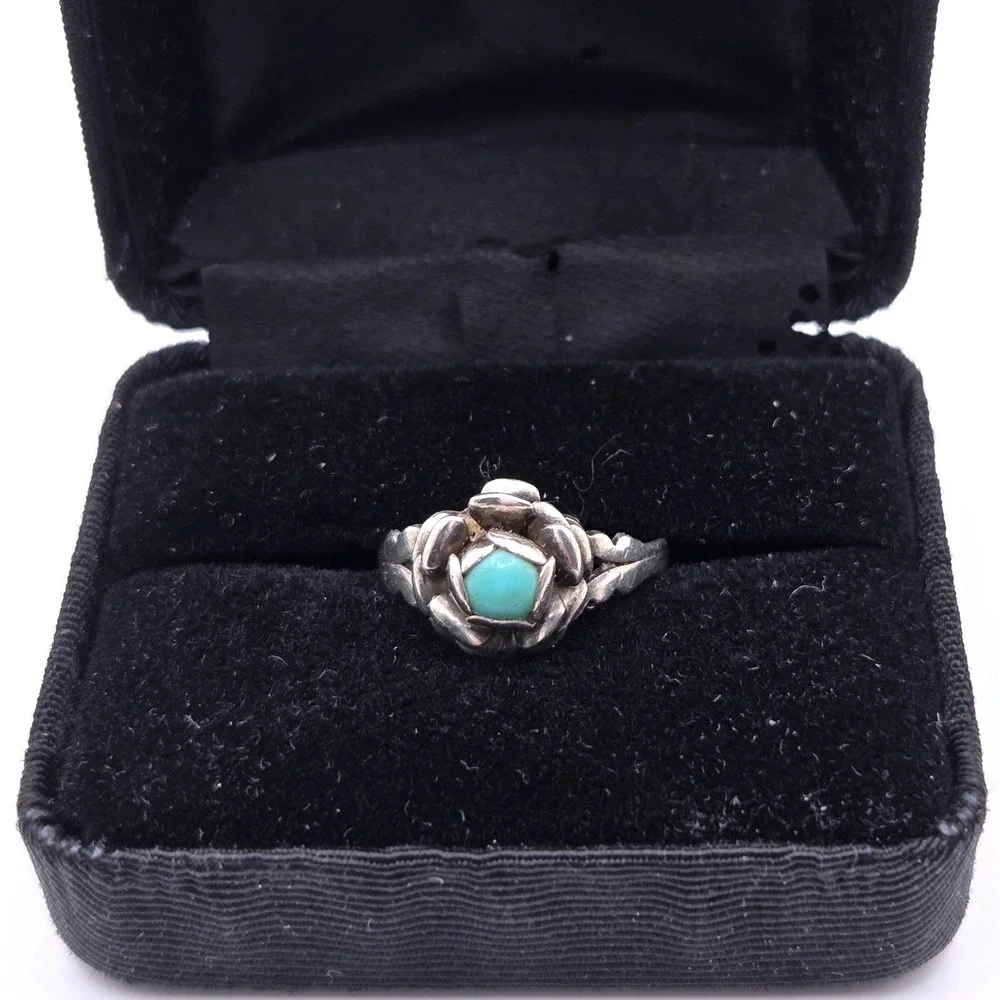 VTG Sterling Silver‎ Turquoise Rose Flower Ring Boho Southwestern Floral